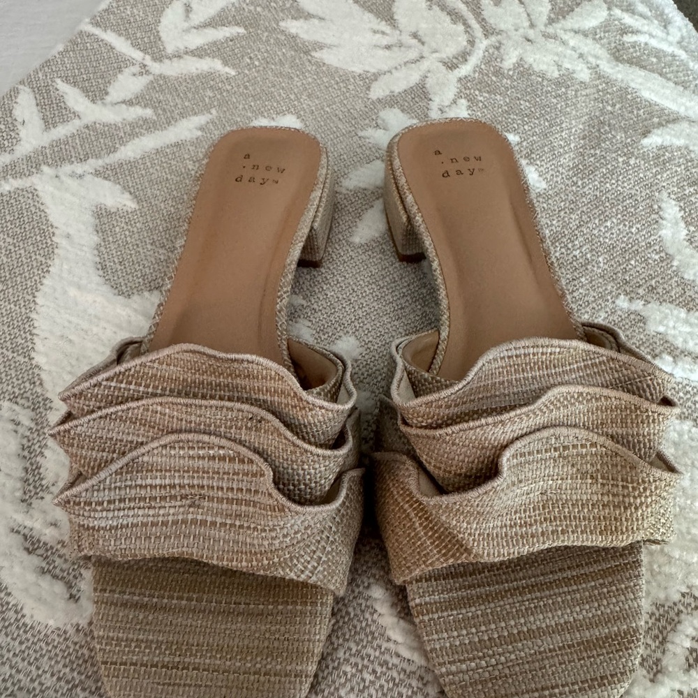 A New Day Tan Mules with Elegant Ruched Design